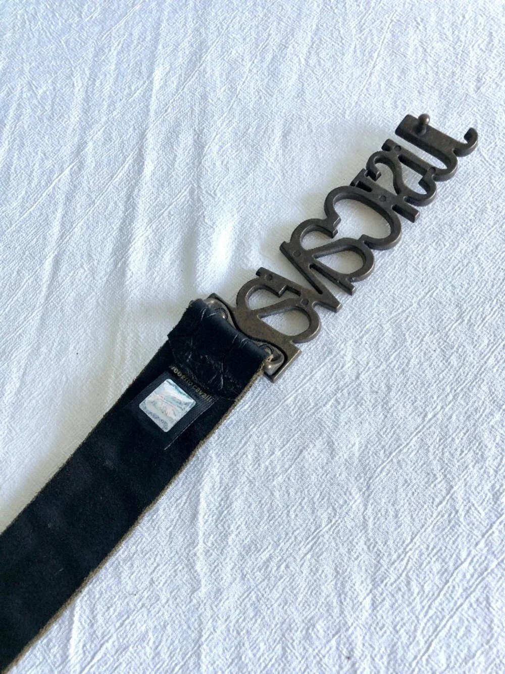 Just Cavalli Leather Embossed Croc Belt, Bronze Toned Buckle with Rhinestones